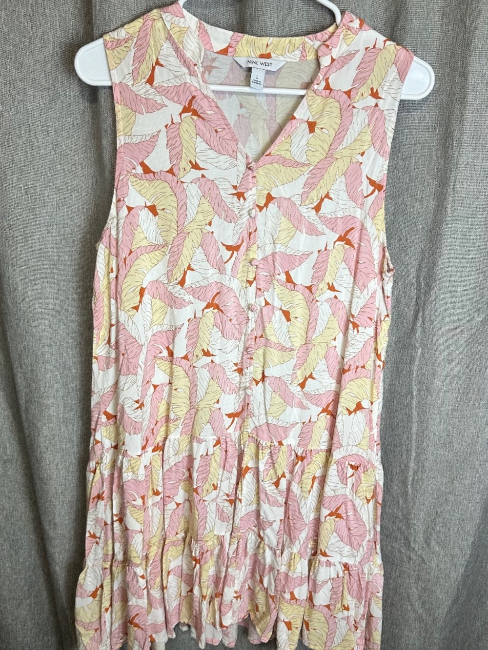 Nine West Tropical Leaf Print Tiered Ruffle Sleeveless Mini Dress - Size L